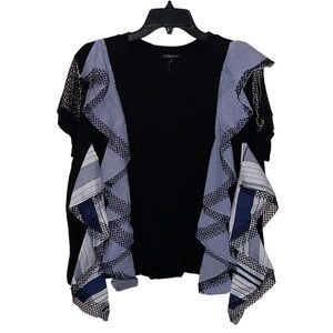Co by Co Black Blue/White Striped Plaid Trim Top Women’s Size L